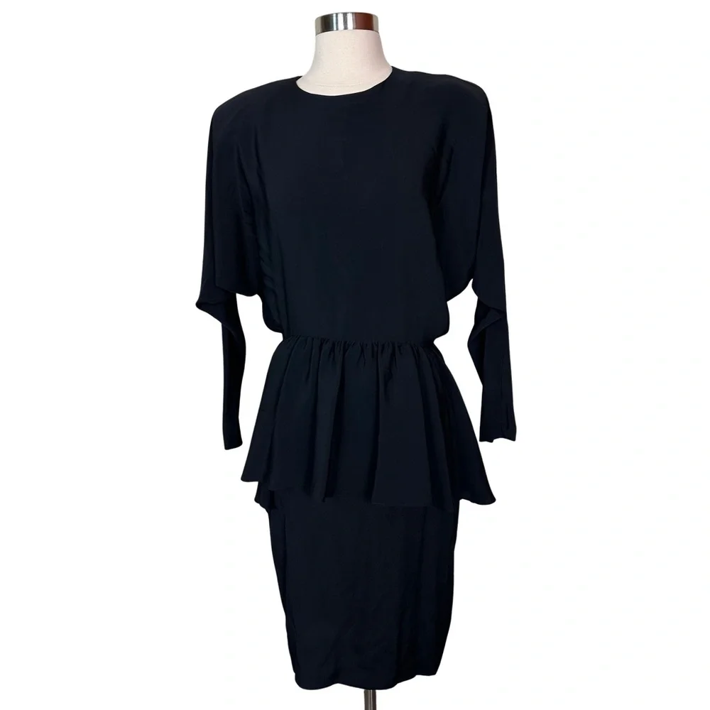 Regina Kravitz Vintage Black 80s Padded Shoulder Cutout Back Peplum Dress Size 8 - Picture 2 of 10